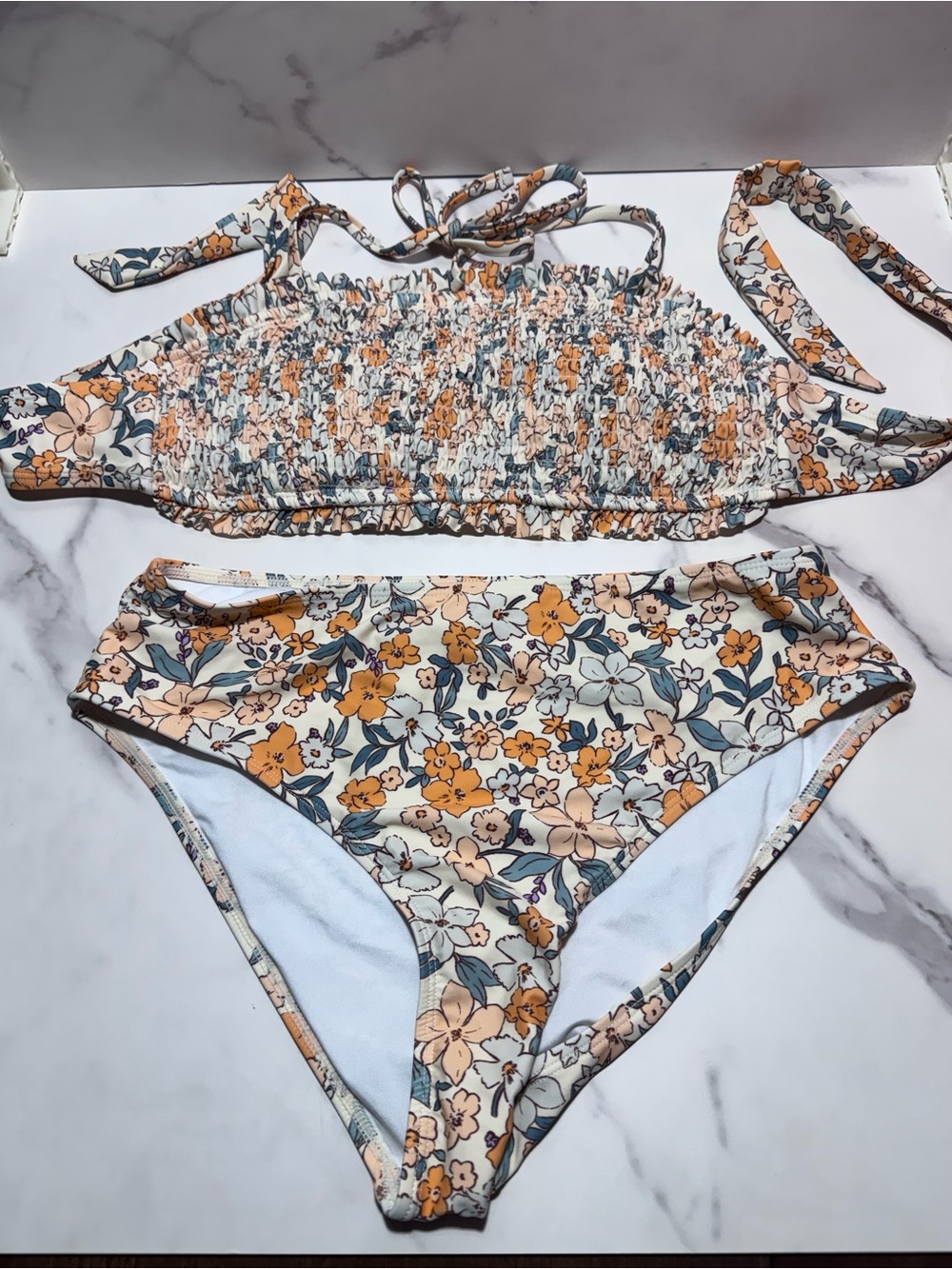 Cupshe Cream Floral Smocked Bikini Set with Orange and Blue Accents